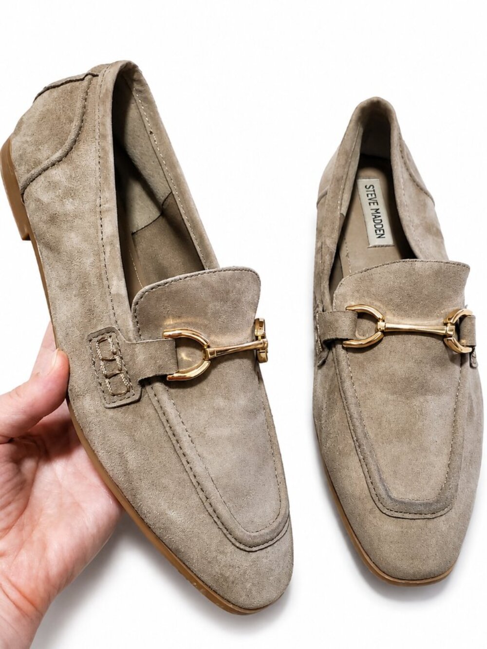 STEVE MADDEN Keren Suede Leather Horsebit Loafers Taupe Gold Sz 10 Neutral